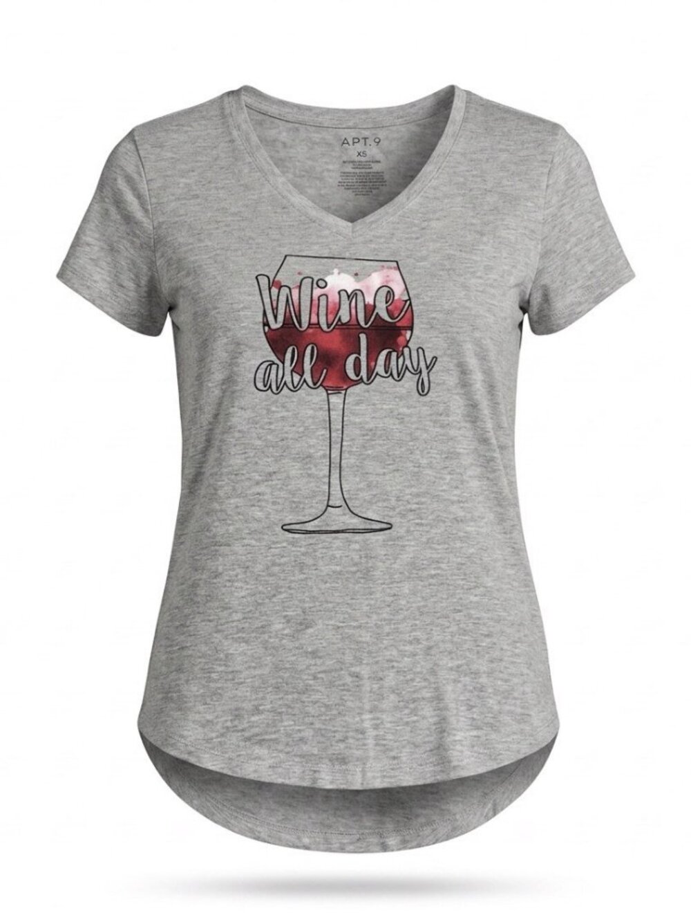 Apt. 9 Women’s Gray Short Sleeve “Wine All Day” Graphic T-Shirt Size Xs